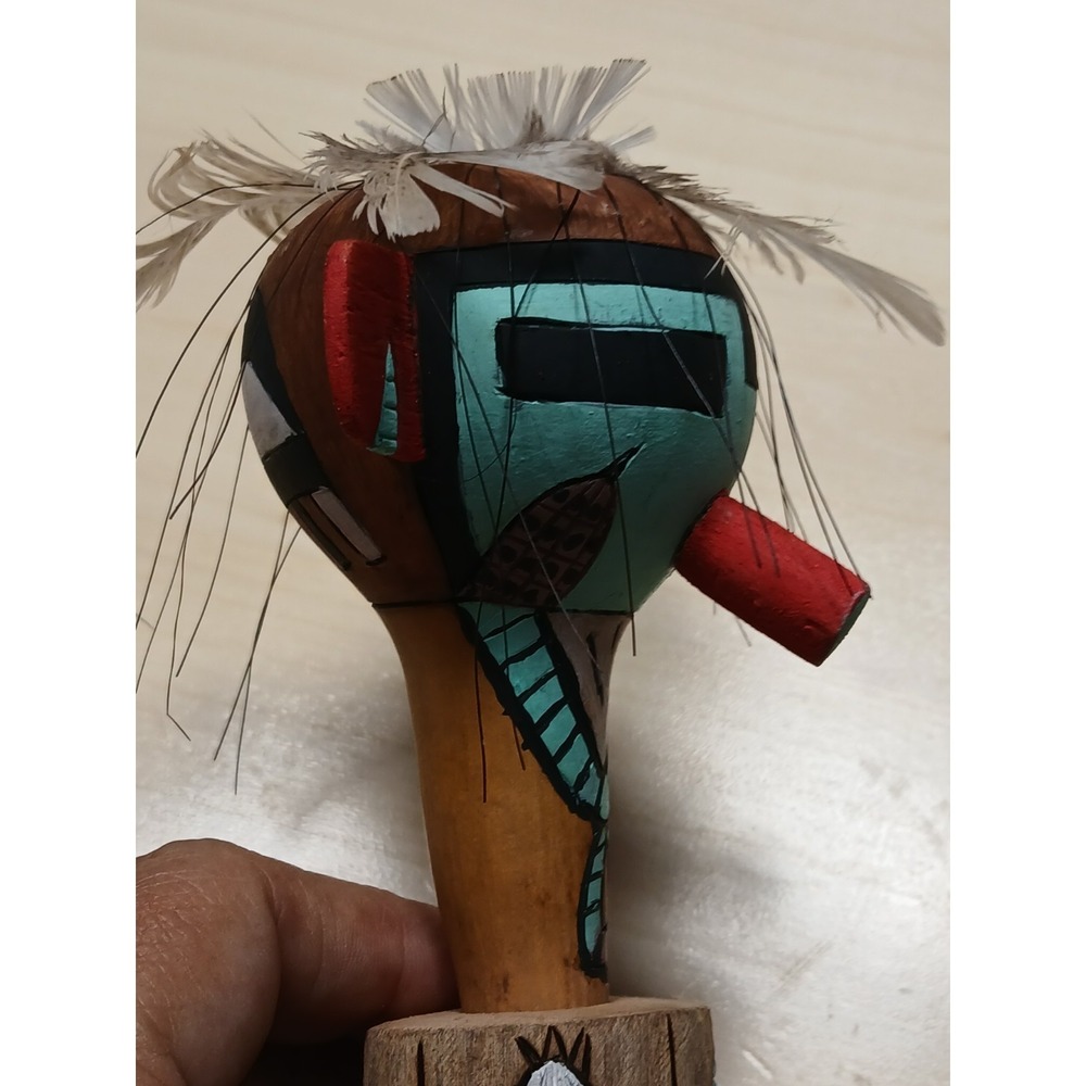 Vintage Hopi Corn Boy Kachina Dance Rattle Signed Saddleblanket Two Faced Shaker - Picture 5 of 16